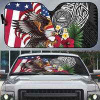 United States and American Samoa Auto Sun Shade USA Flag Eagle With Seal Tropical Flowers