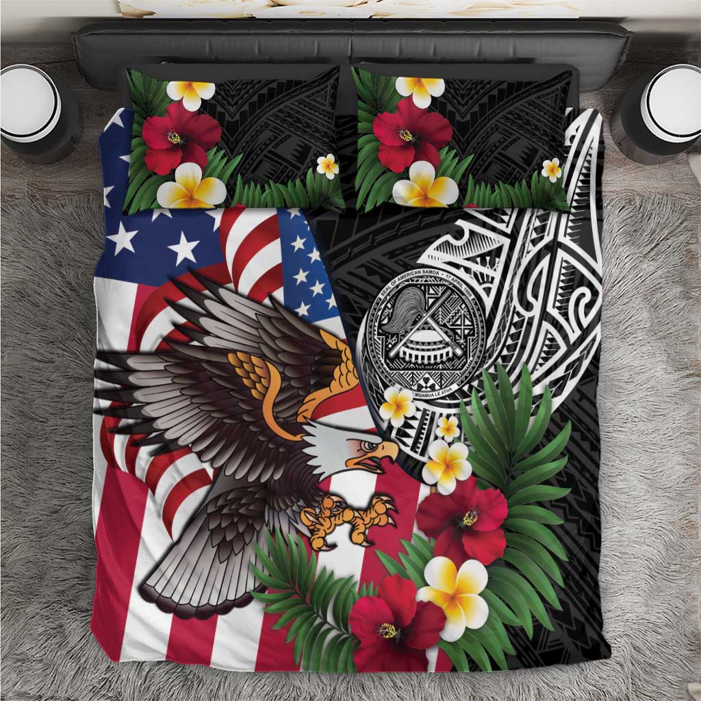 United States and American Samoa Bedding Set USA Flag Eagle With Seal Tropical Flowers LT14 Black - Polynesian Pride