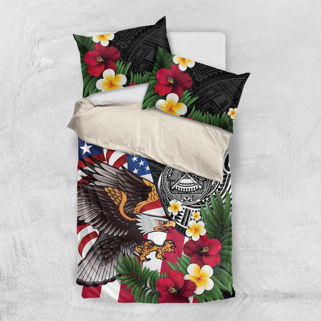 United States and American Samoa Bedding Set USA Flag Eagle With Seal Tropical Flowers LT14 US Twin 172cm x 218cm Black - Polynesian Pride