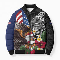 United States and American Samoa Bomber Puffer Jacket USA Flag Eagle With Seal Tropical Flowers