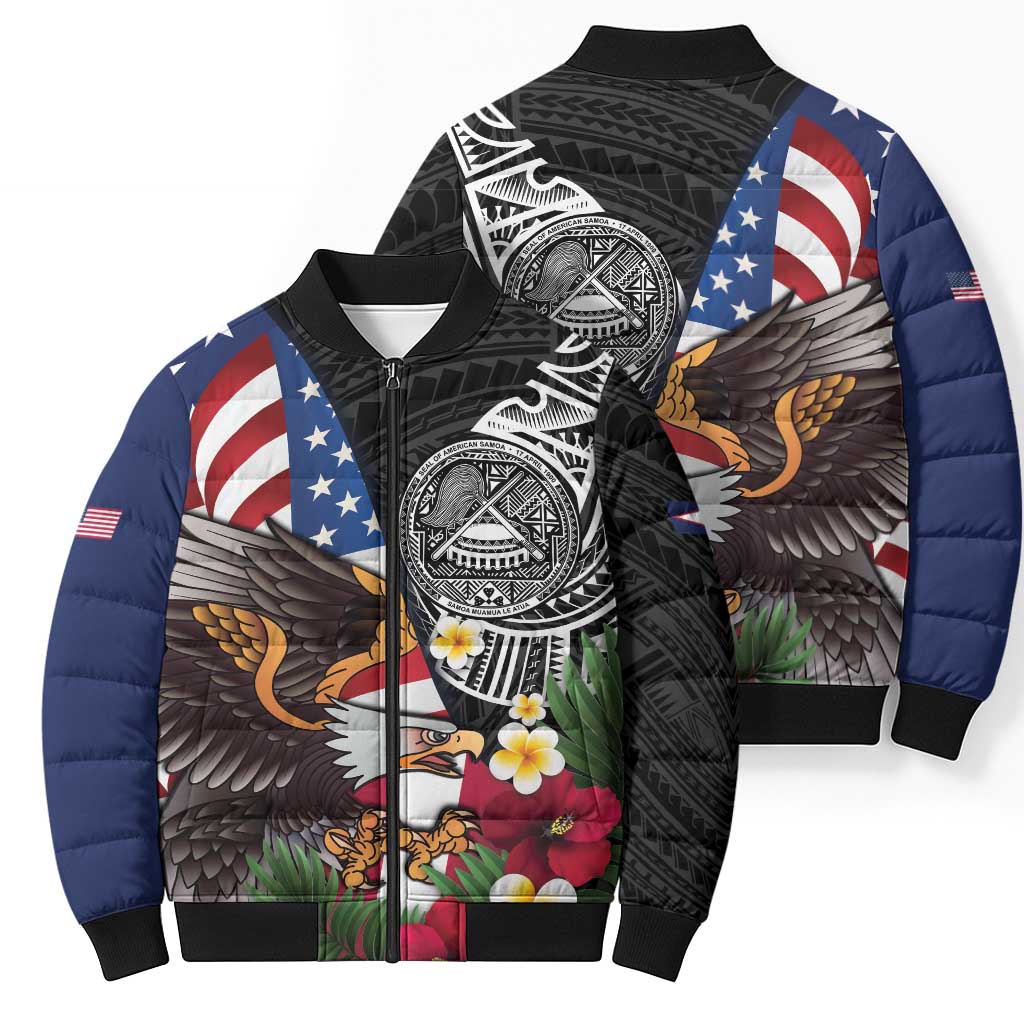 United States and American Samoa Bomber Puffer Jacket USA Flag Eagle With Seal Tropical Flowers