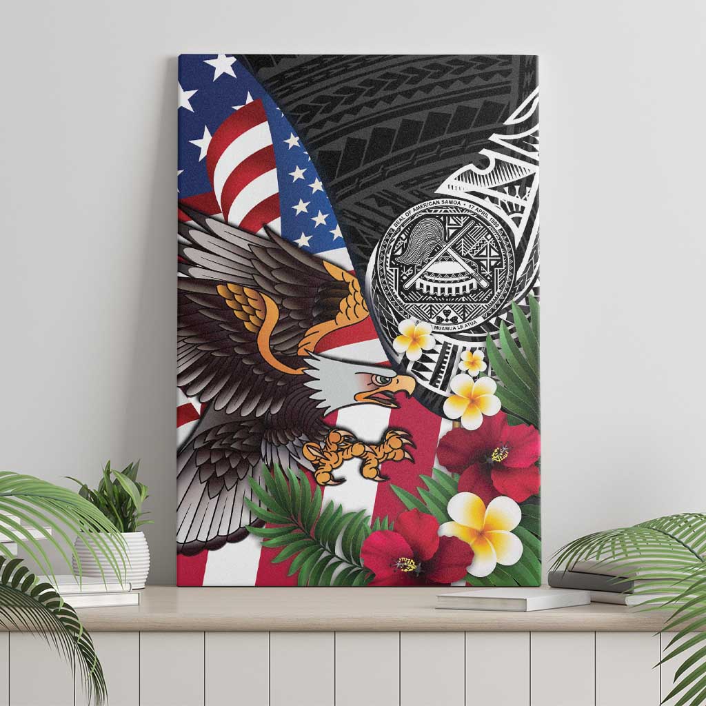 United States and American Samoa Canvas Wall Art USA Flag Eagle With Seal Tropical Flowers