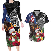 United States and American Samoa Couples Matching Long Sleeve Bodycon Dress and Hawaiian Shirt USA Flag Eagle With Seal Tropical Flowers