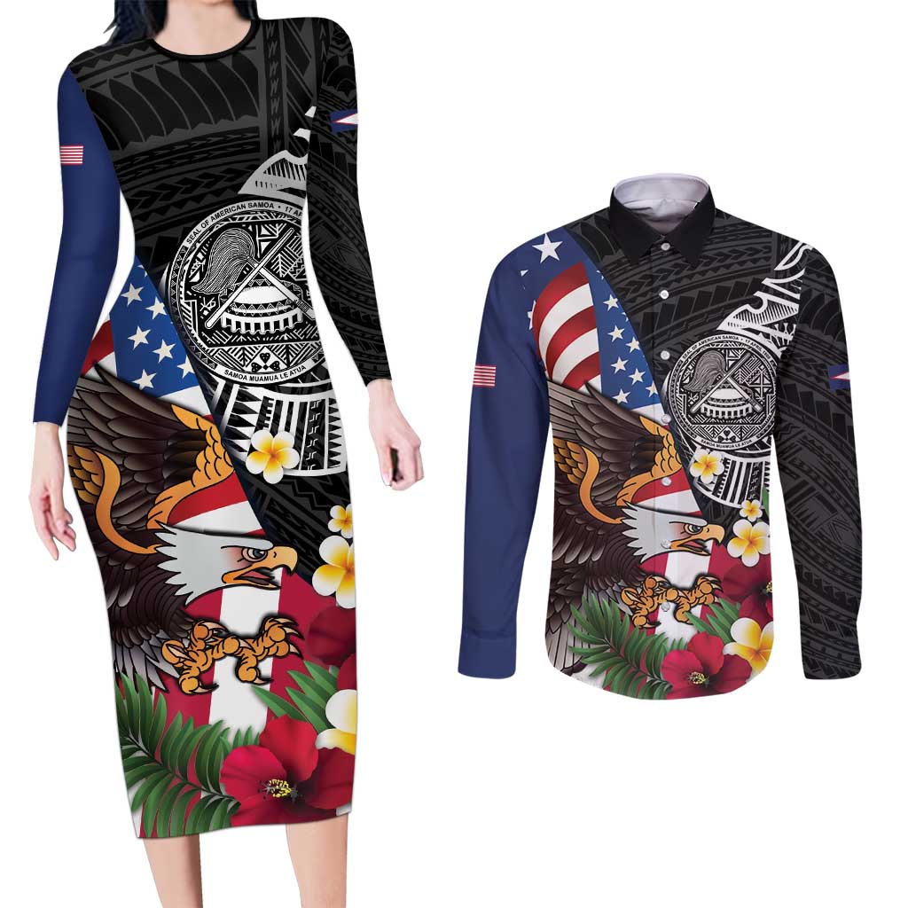 United States and American Samoa Couples Matching Long Sleeve Bodycon Dress and Long Sleeve Button Shirt USA Flag Eagle With Seal Tropical Flowers