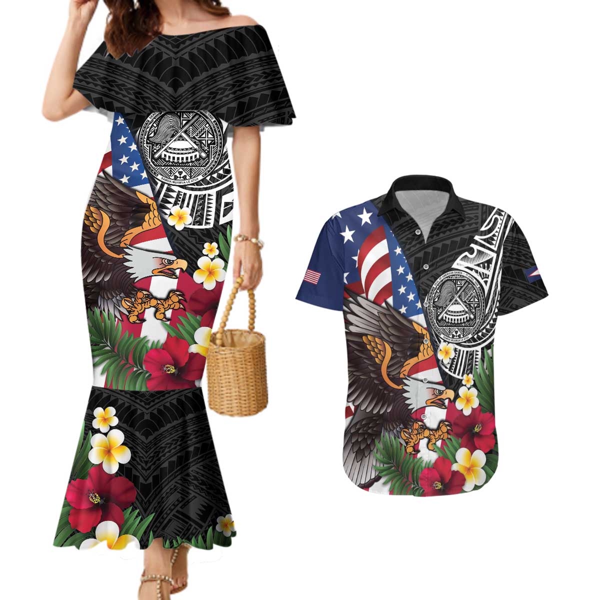 United States and American Samoa Couples Matching Mermaid Dress and Hawaiian Shirt USA Flag Eagle With Seal Tropical Flowers