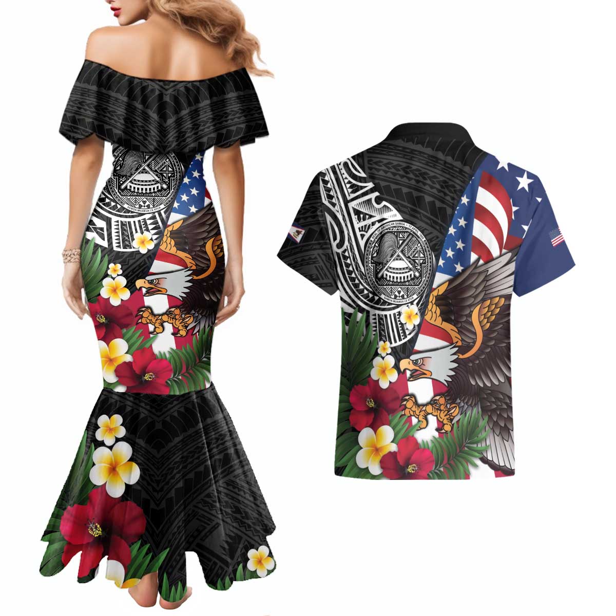 United States and American Samoa Couples Matching Mermaid Dress and Hawaiian Shirt USA Flag Eagle With Seal Tropical Flowers