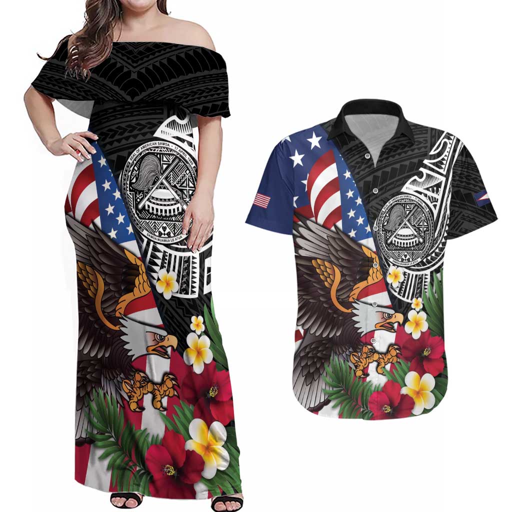 United States and American Samoa Couples Matching Off Shoulder Maxi Dress and Hawaiian Shirt USA Flag Eagle With Seal Tropical Flowers