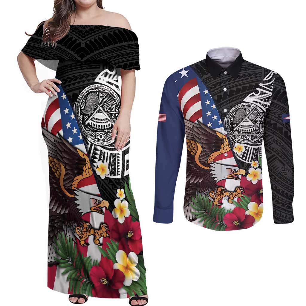 United States and American Samoa Couples Matching Off Shoulder Maxi Dress and Long Sleeve Button Shirt USA Flag Eagle With Seal Tropical Flowers