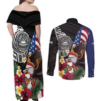 United States and American Samoa Couples Matching Off Shoulder Maxi Dress and Long Sleeve Button Shirt USA Flag Eagle With Seal Tropical Flowers