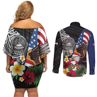 United States and American Samoa Couples Matching Off Shoulder Short Dress and Long Sleeve Button Shirt USA Flag Eagle With Seal Tropical Flowers