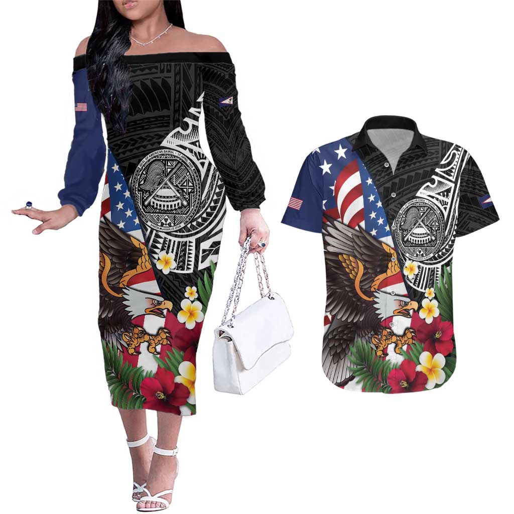 United States and American Samoa Couples Matching Off The Shoulder Long Sleeve Dress and Hawaiian Shirt USA Flag Eagle With Seal Tropical Flowers