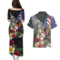 United States and American Samoa Couples Matching Puletasi and Hawaiian Shirt USA Flag Eagle With Seal Tropical Flowers