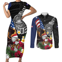 United States and American Samoa Couples Matching Short Sleeve Bodycon Dress and Long Sleeve Button Shirt USA Flag Eagle With Seal Tropical Flowers