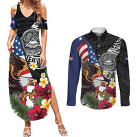 United States and American Samoa Couples Matching Summer Maxi Dress and Long Sleeve Button Shirt USA Flag Eagle With Seal Tropical Flowers