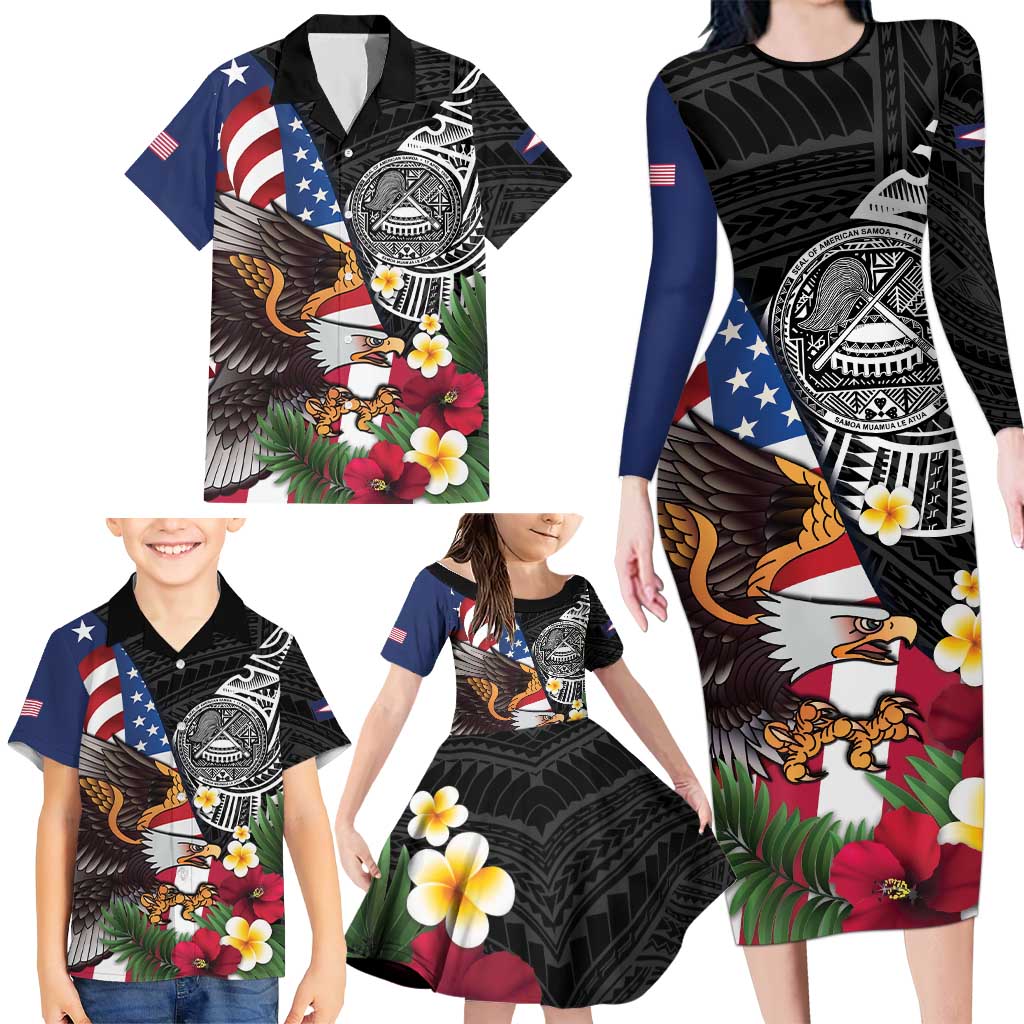 United States and American Samoa Family Matching Long Sleeve Bodycon Dress and Hawaiian Shirt USA Flag Eagle With Seal Tropical Flowers