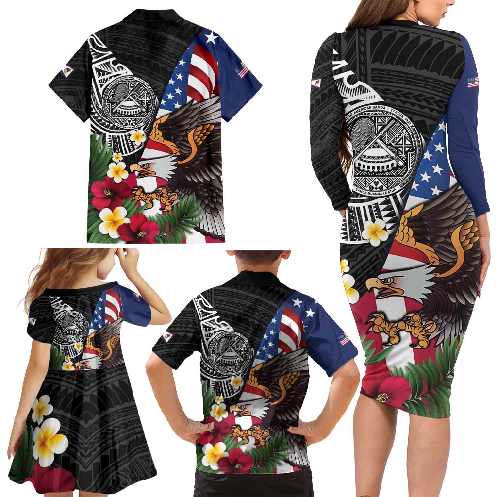 United States and American Samoa Family Matching Long Sleeve Bodycon Dress and Hawaiian Shirt USA Flag Eagle With Seal Tropical Flowers