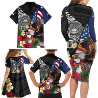 United States and American Samoa Family Matching Long Sleeve Bodycon Dress and Hawaiian Shirt USA Flag Eagle With Seal Tropical Flowers