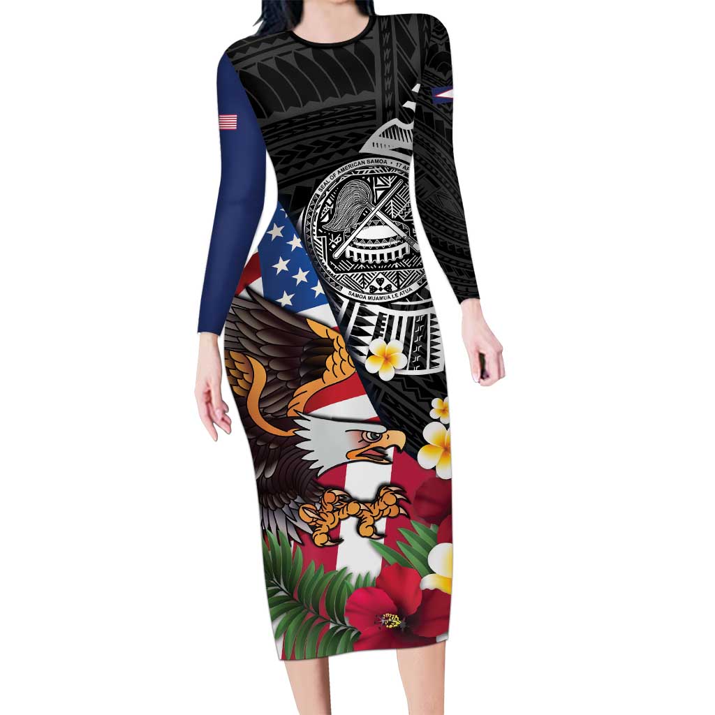 United States and American Samoa Family Matching Long Sleeve Bodycon Dress and Hawaiian Shirt USA Flag Eagle With Seal Tropical Flowers