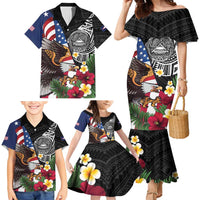 United States and American Samoa Family Matching Mermaid Dress and Hawaiian Shirt USA Flag Eagle With Seal Tropical Flowers