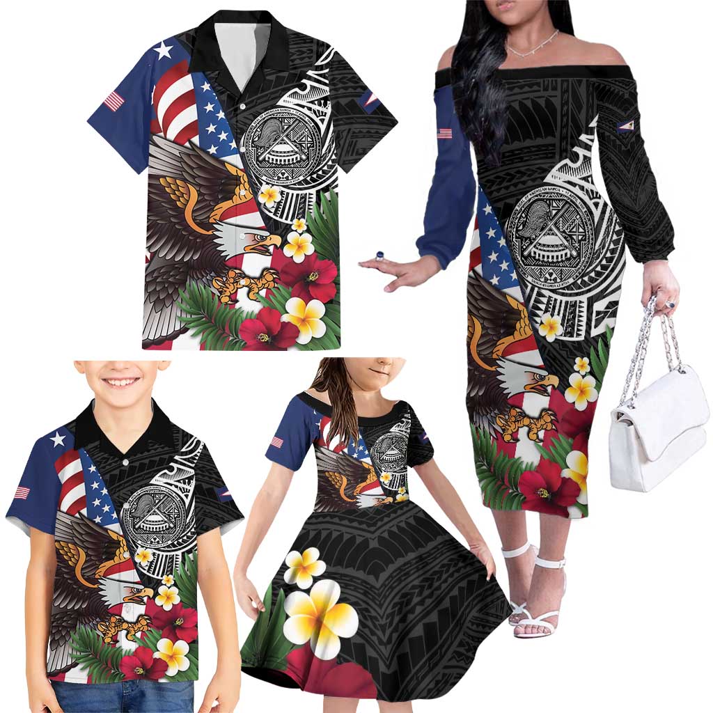 United States and American Samoa Family Matching Off The Shoulder Long Sleeve Dress and Hawaiian Shirt USA Flag Eagle With Seal Tropical Flowers