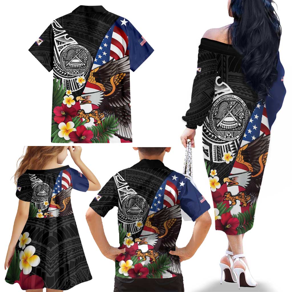 United States and American Samoa Family Matching Off The Shoulder Long Sleeve Dress and Hawaiian Shirt USA Flag Eagle With Seal Tropical Flowers