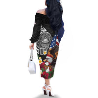 United States and American Samoa Family Matching Off The Shoulder Long Sleeve Dress and Hawaiian Shirt USA Flag Eagle With Seal Tropical Flowers