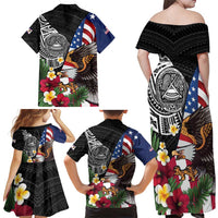 United States and American Samoa Family Matching Off Shoulder Maxi Dress and Hawaiian Shirt USA Flag Eagle With Seal Tropical Flowers