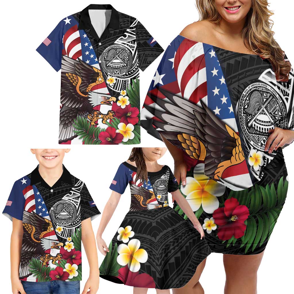 United States and American Samoa Family Matching Off Shoulder Short Dress and Hawaiian Shirt USA Flag Eagle With Seal Tropical Flowers
