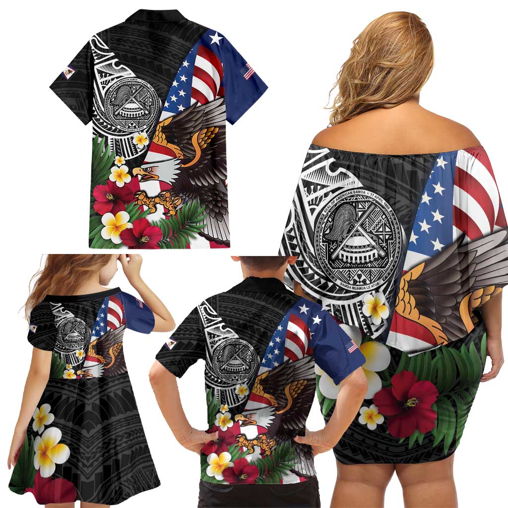United States and American Samoa Family Matching Off Shoulder Short Dress and Hawaiian Shirt USA Flag Eagle With Seal Tropical Flowers