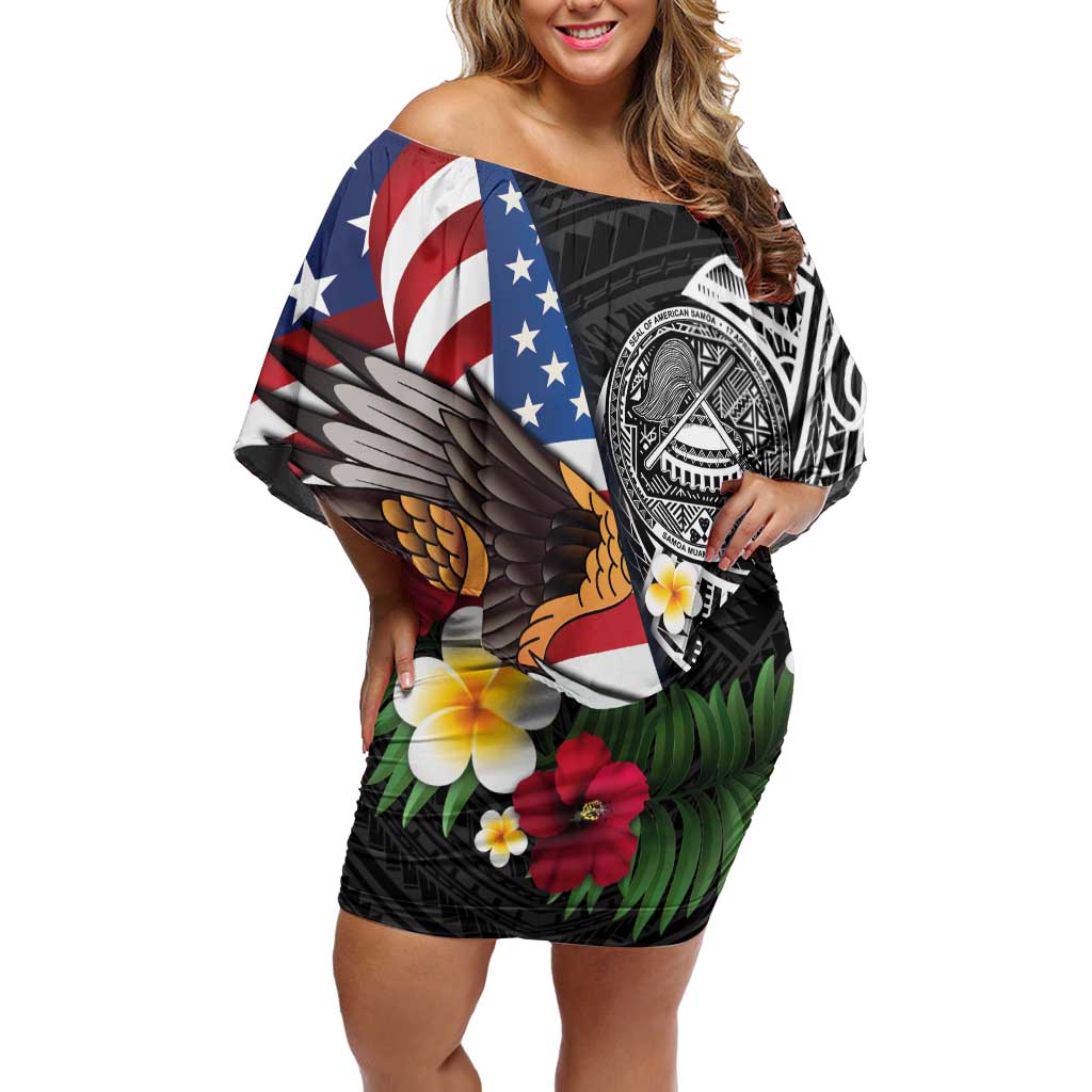 United States and American Samoa Family Matching Off Shoulder Short Dress and Hawaiian Shirt USA Flag Eagle With Seal Tropical Flowers