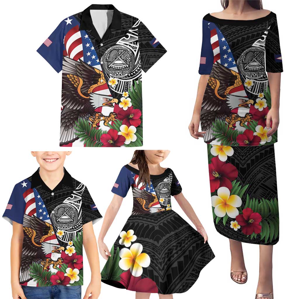 United States and American Samoa Family Matching Puletasi and Hawaiian Shirt USA Flag Eagle With Seal Tropical Flowers