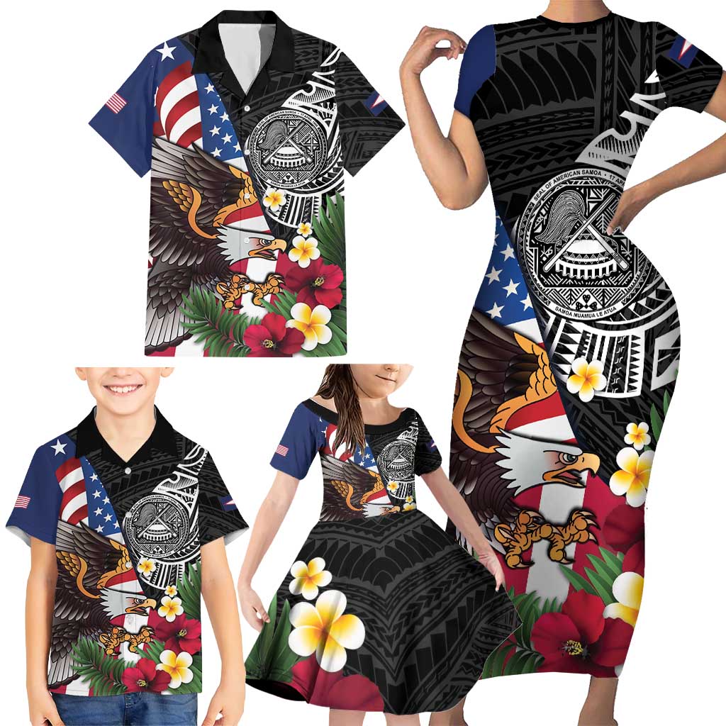 United States and American Samoa Family Matching Short Sleeve Bodycon Dress and Hawaiian Shirt USA Flag Eagle With Seal Tropical Flowers