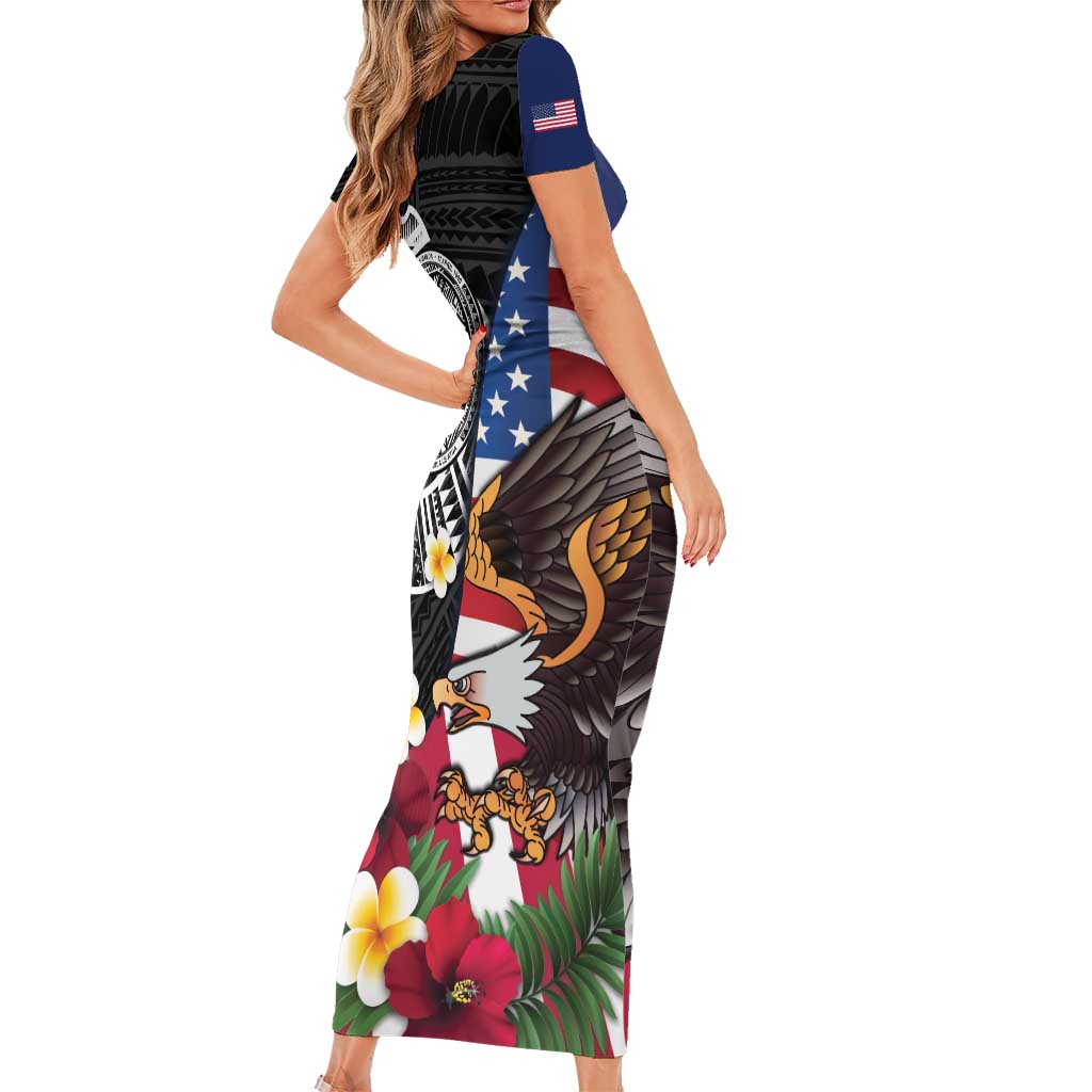 United States and American Samoa Family Matching Short Sleeve Bodycon Dress and Hawaiian Shirt USA Flag Eagle With Seal Tropical Flowers