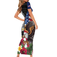 United States and American Samoa Family Matching Short Sleeve Bodycon Dress and Hawaiian Shirt USA Flag Eagle With Seal Tropical Flowers
