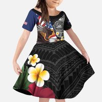 United States and American Samoa Family Matching Summer Maxi Dress and Hawaiian Shirt USA Flag Eagle With Seal Tropical Flowers LT14 Daughter's Dress Black - Polynesian Pride