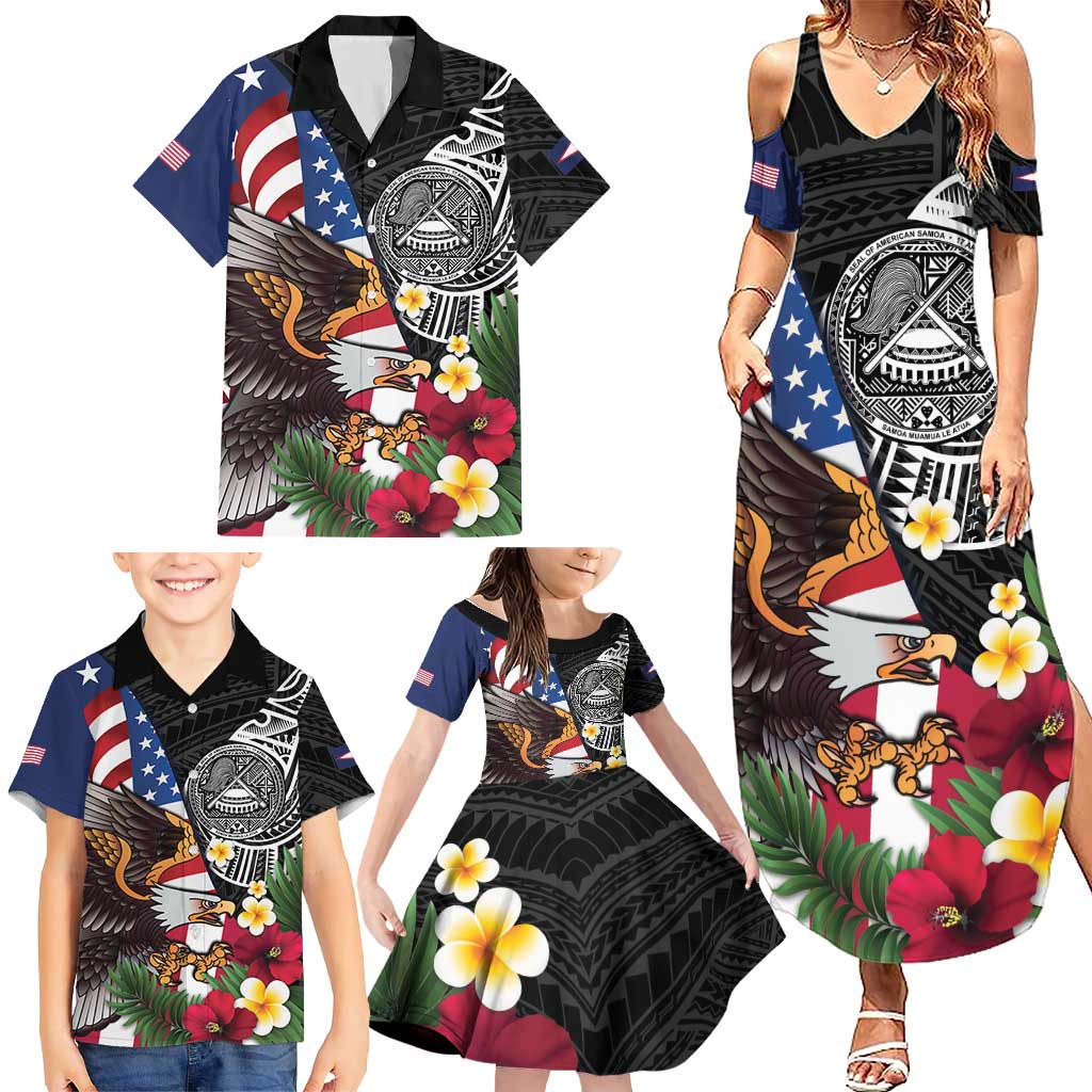 United States and American Samoa Family Matching Summer Maxi Dress and Hawaiian Shirt USA Flag Eagle With Seal Tropical Flowers LT14 - Polynesian Pride