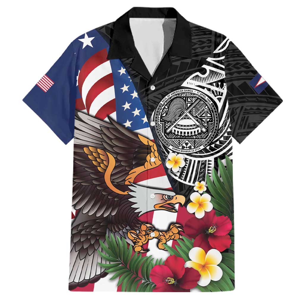 United States and American Samoa Family Matching Summer Maxi Dress and Hawaiian Shirt USA Flag Eagle With Seal Tropical Flowers LT14 Dad's Shirt - Short Sleeve Black - Polynesian Pride