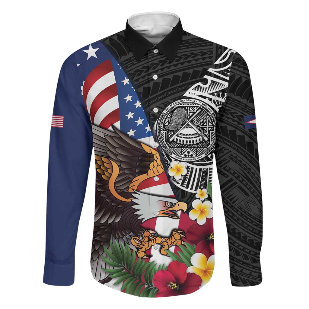United States and American Samoa Family Matching Summer Maxi Dress and Hawaiian Shirt USA Flag Eagle With Seal Tropical Flowers LT14 Dad's Shirt - Long Sleeve Black - Polynesian Pride