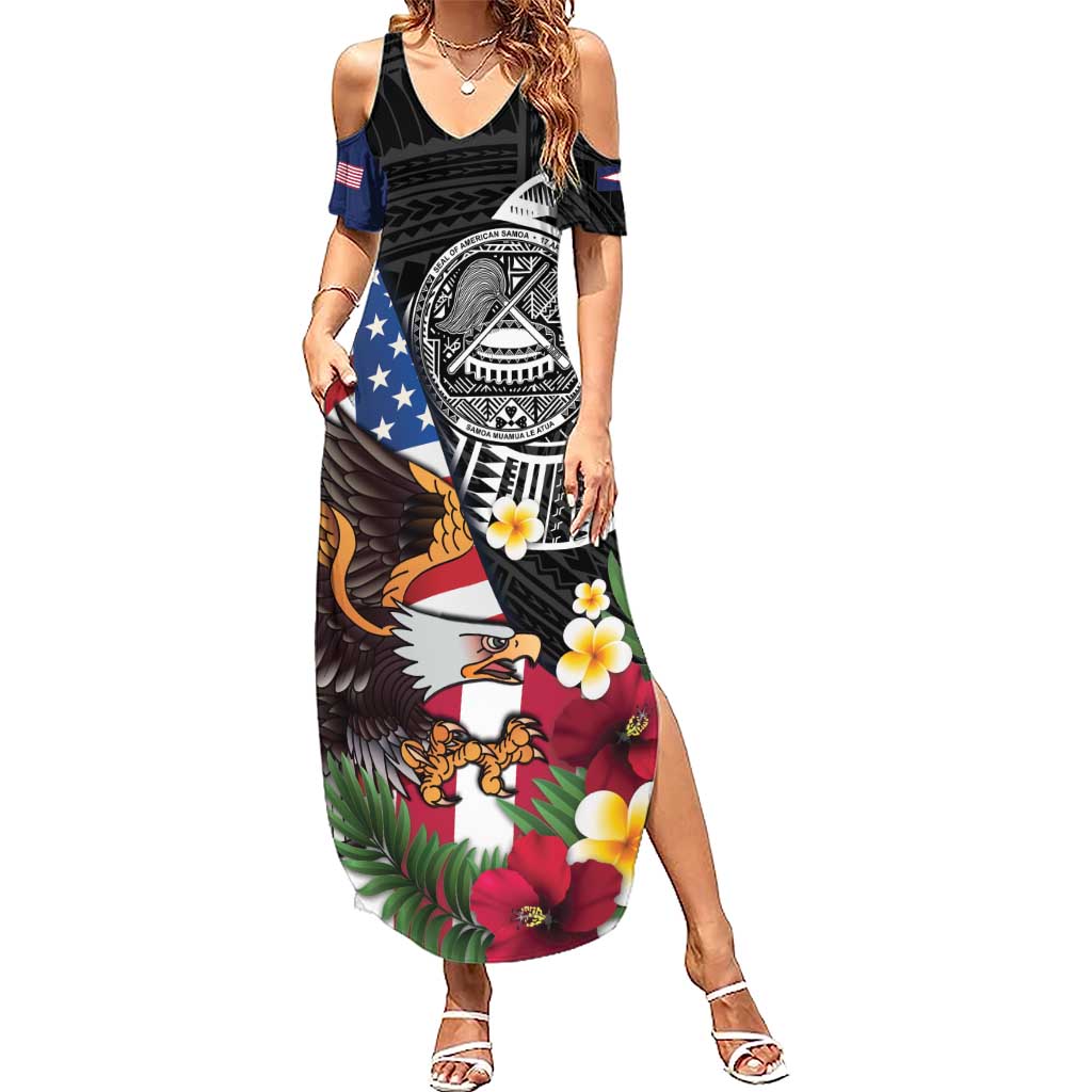 United States and American Samoa Family Matching Summer Maxi Dress and Hawaiian Shirt USA Flag Eagle With Seal Tropical Flowers LT14 Mom's Dress Black - Polynesian Pride