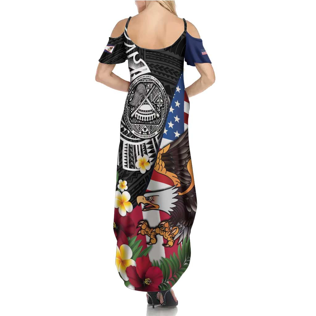 United States and American Samoa Family Matching Summer Maxi Dress and Hawaiian Shirt USA Flag Eagle With Seal Tropical Flowers LT14 - Polynesian Pride