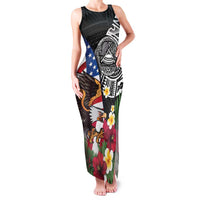 United States and American Samoa Family Matching Tank Maxi Dress and Hawaiian Shirt USA Flag Eagle With Seal Tropical Flowers