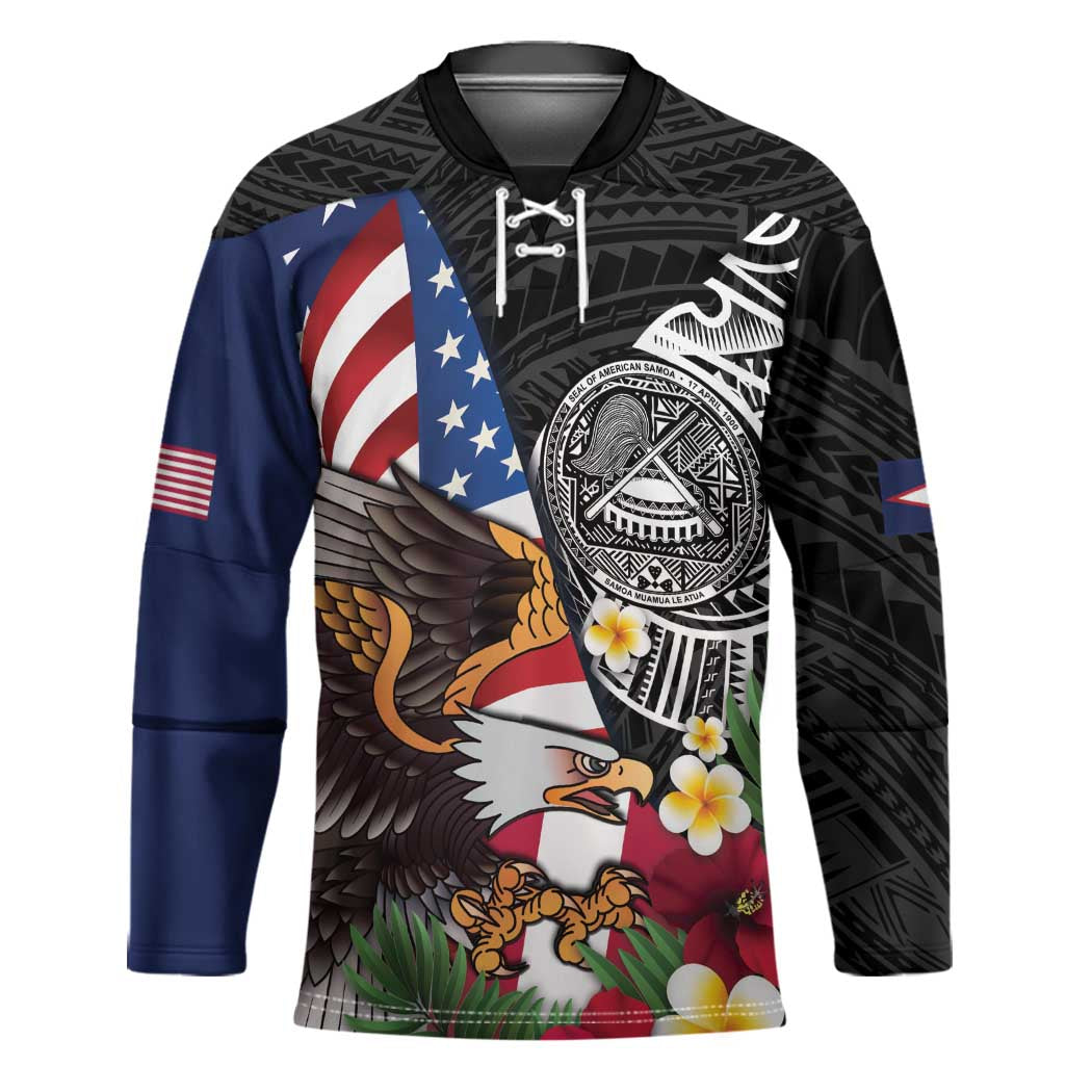 United States and American Samoa Hockey Jersey USA Flag Eagle With Seal Tropical Flowers LT14 Unisex Black - Polynesian Pride