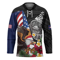 United States and American Samoa Hockey Jersey USA Flag Eagle With Seal Tropical Flowers LT14 Unisex Black - Polynesian Pride