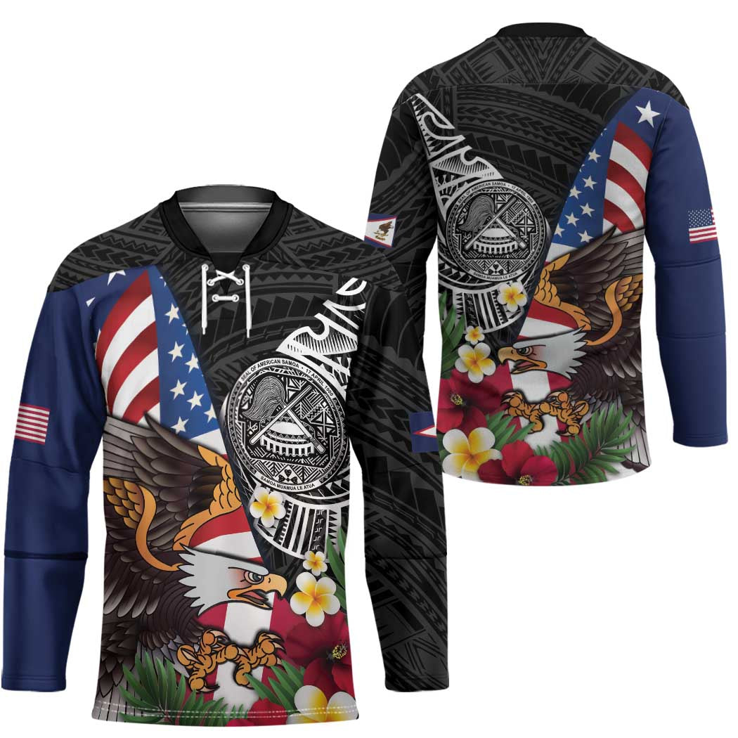 United States and American Samoa Hockey Jersey USA Flag Eagle With Seal Tropical Flowers LT14 - Polynesian Pride