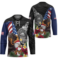 United States and American Samoa Hockey Jersey USA Flag Eagle With Seal Tropical Flowers LT14 - Polynesian Pride
