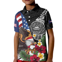 United States and American Samoa Kid Polo Shirt USA Flag Eagle With Seal Tropical Flowers