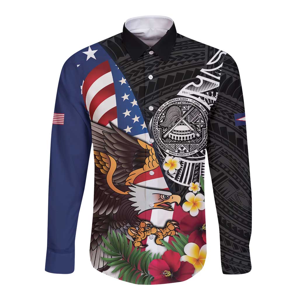 United States and American Samoa Long Sleeve Button Shirt USA Flag Eagle With Seal Tropical Flowers