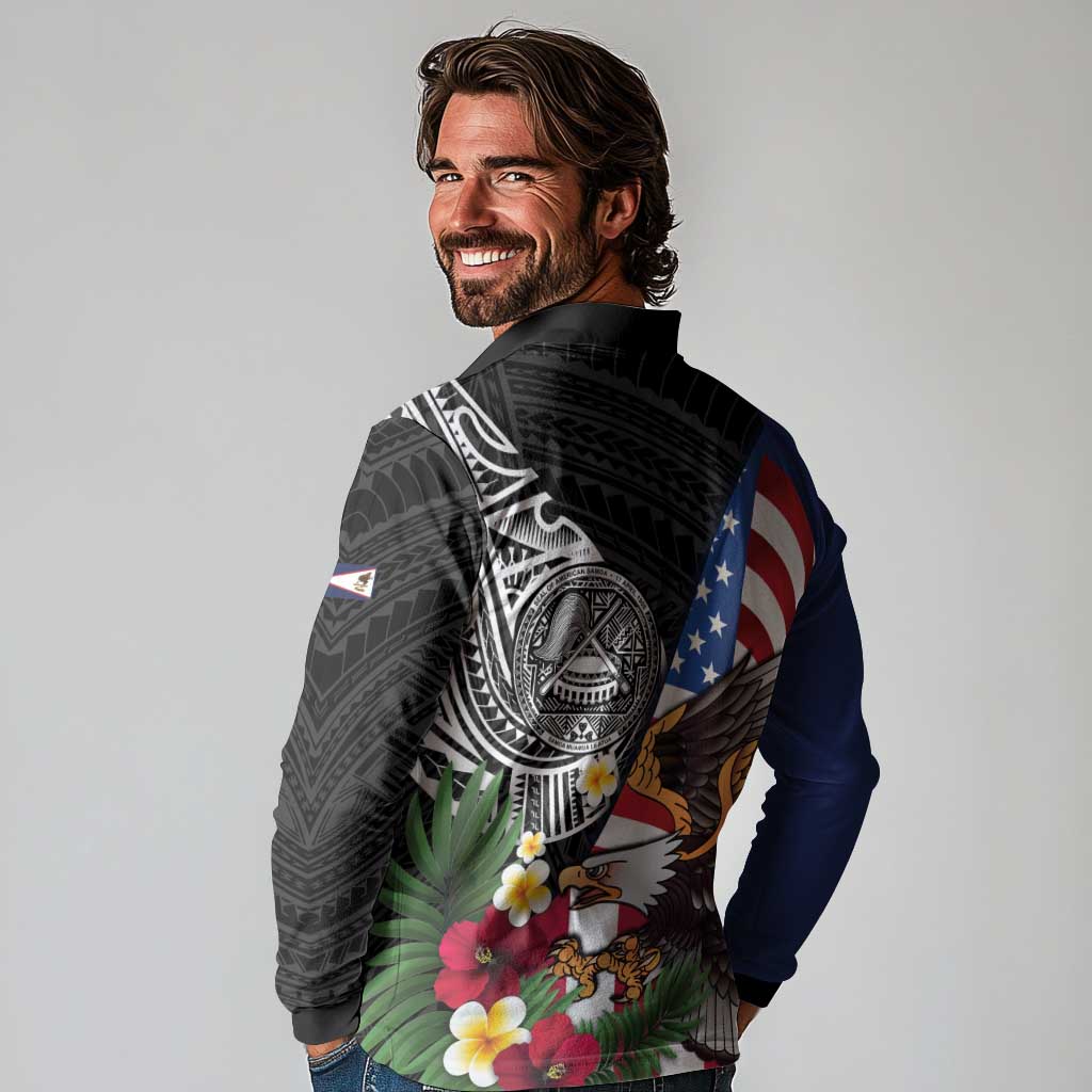 United States and American Samoa Long Sleeve Polo Shirt USA Flag Eagle With Seal Tropical Flowers