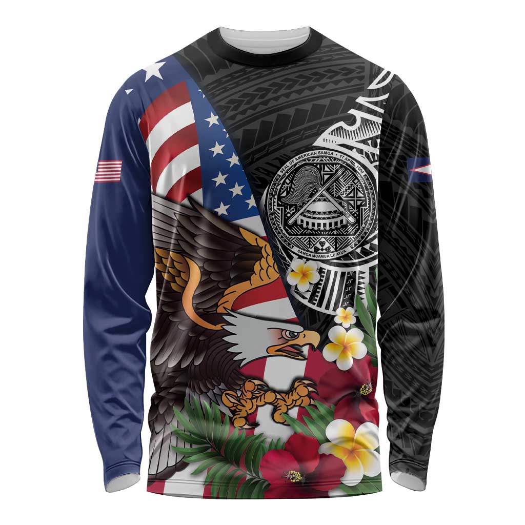 United States and American Samoa Long Sleeve Shirt USA Flag Eagle With Seal Tropical Flowers LT14 Unisex Black - Polynesian Pride