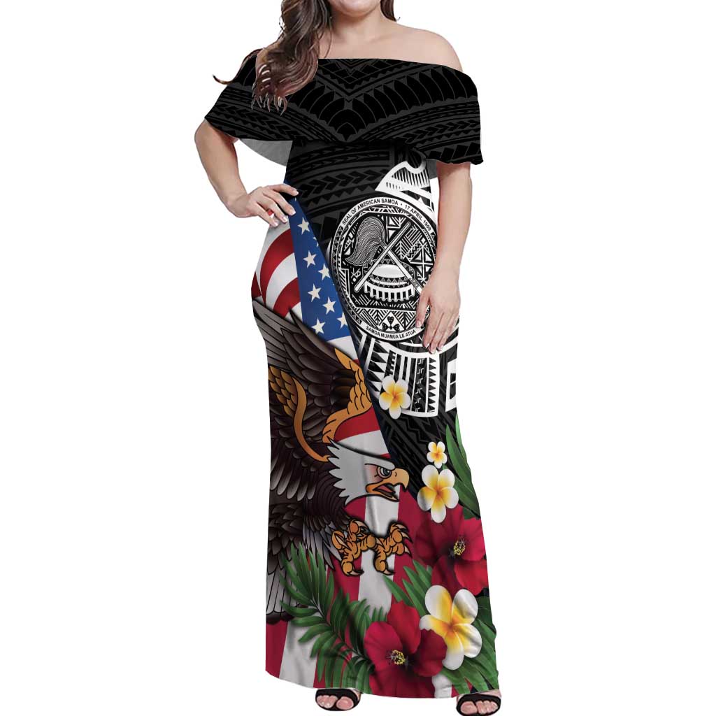 United States and American Samoa Off Shoulder Maxi Dress USA Flag Eagle With Seal Tropical Flowers